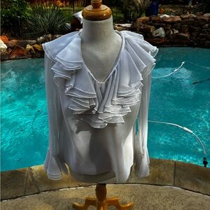 Vintage 60s Women's White Ruffled V-Neck Blouse cosplay M